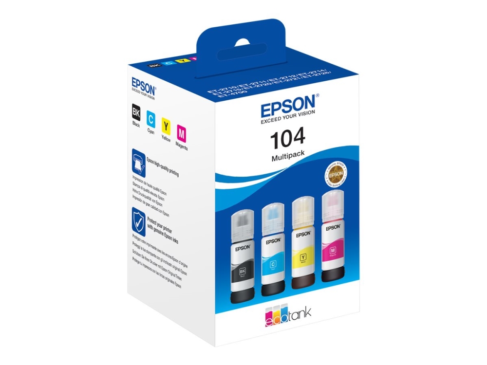 Ecotank 104   Multipakke   Sort, Gul, Cyan, Magenta   Original   Blækrefill   For Ecotank Et 1810, 2715, 2721, 2810, 2811, 2812, 2814, 2815, 28 fra Epson