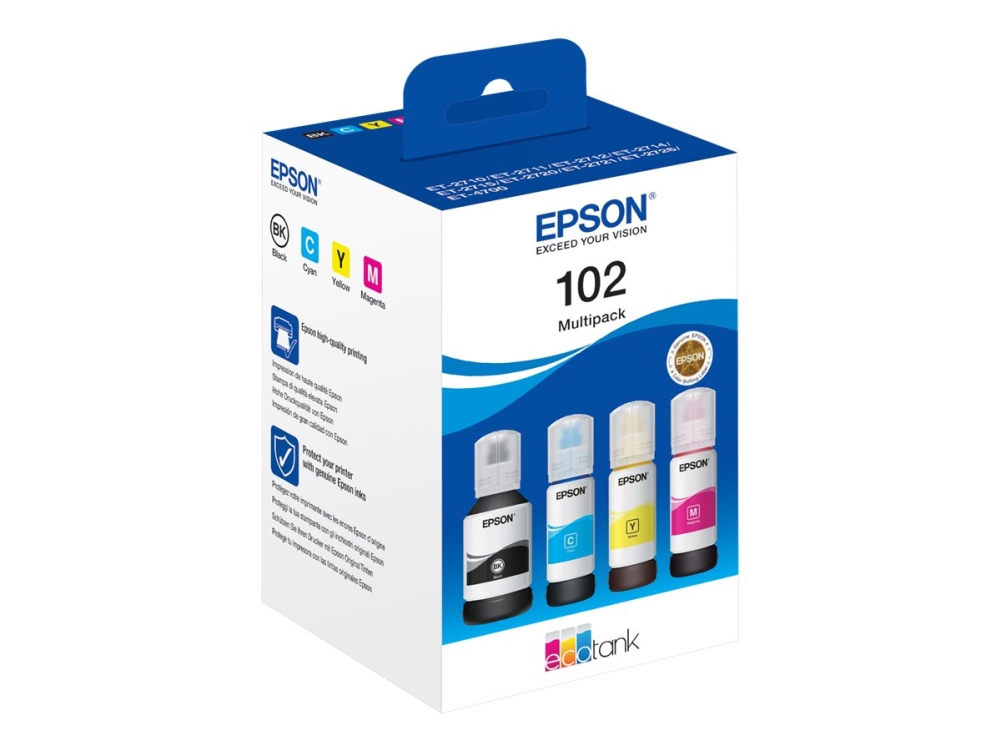 102 Multipack   4 Pakker   Sort, Gul, Cyan, Magenta   Original   Blækpatron   For Ecotank Et 15000, 2750, 2751, 2756, 2850, 2851, 2856, 3850, 4 fra Epson