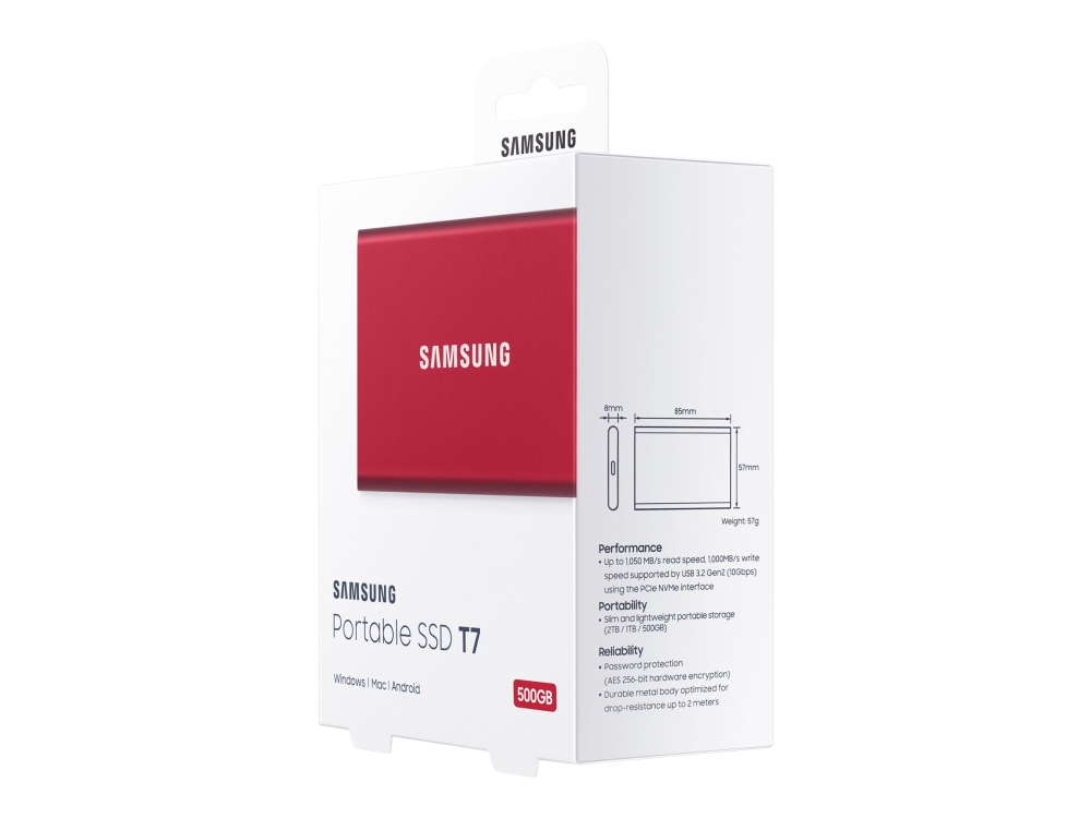 Portable Ssd T7 Rot 500 Gb   Ekstern Solid State Drev, Usb Type C 3.1 fra Samsung
