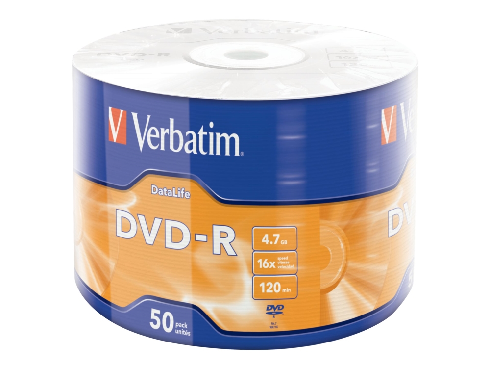 Datalife   50 X Dvd R   4.7 Gb (120min) 16x   Matsølv   Spindle fra Verbatim