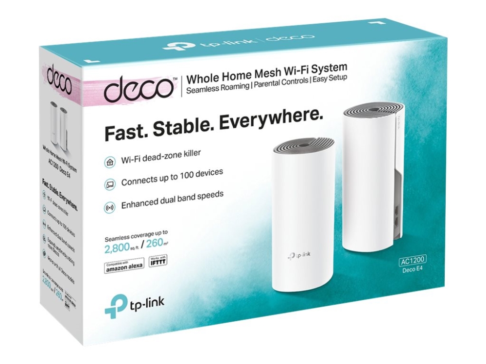 Tp Link Deco E4   Wi Fi System (2 Routere)   Op Til 2800 Sq.ft   Mesh   802.11a B G N Ac   Dual Band   (understøtter Max. 100 Mbps) fra Tp-link
