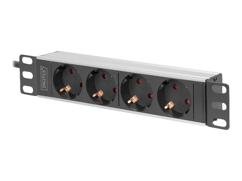 Stikdåse (rackversion)   Ac 250 V   4000 Watt   Input: Cee 7 4   Output Stikforbindelser: 4 (4 X Strøm)   1u   10"   2 M Ledning fra Digitus