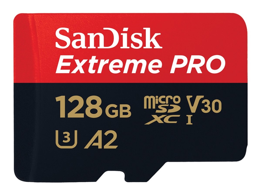 Extreme Pro   Flashhukommelseskort (microsdxc Til Sd Adapter Inkluderet)   128 Gb   A2   Video Class V30   Uhs I U3   Class10   Microsdxc Uhs fra Sandisk