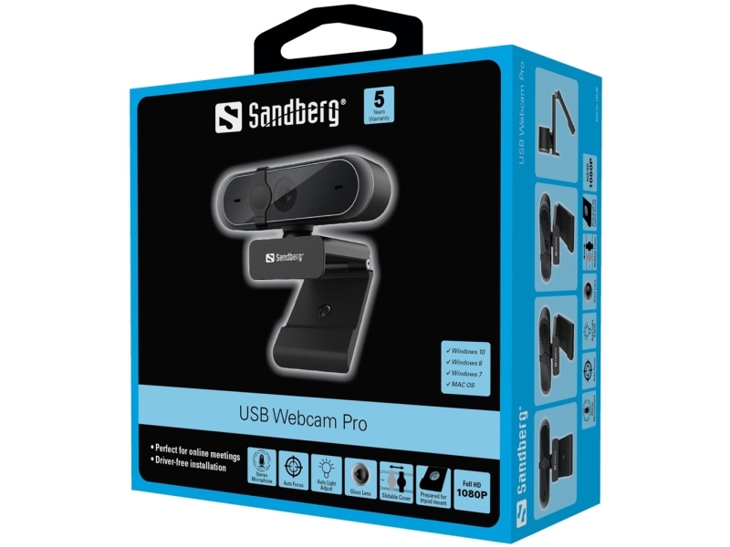 Usb Webcam Pro   Full Hd   1920 X 1080   Indbygget Stereomikrofon   Usb 2.0 fra Sandberg
