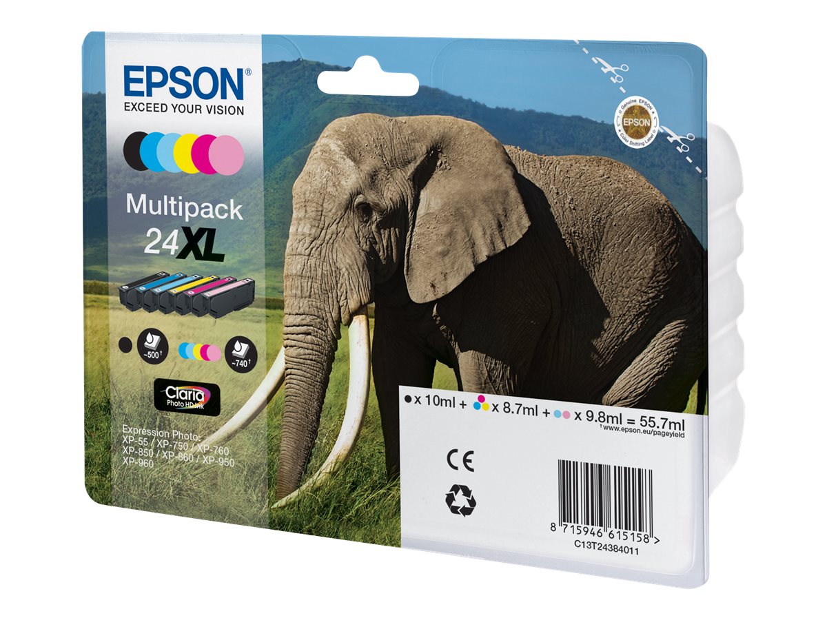 24xl Multipack   6 Pakker   55.7 Ml   Xl   Sort, Gul, Cyan, Magenta, Lys Magenta, Lys Cyan   Original   Blister   Blækpatron   For Expression P fra Epson