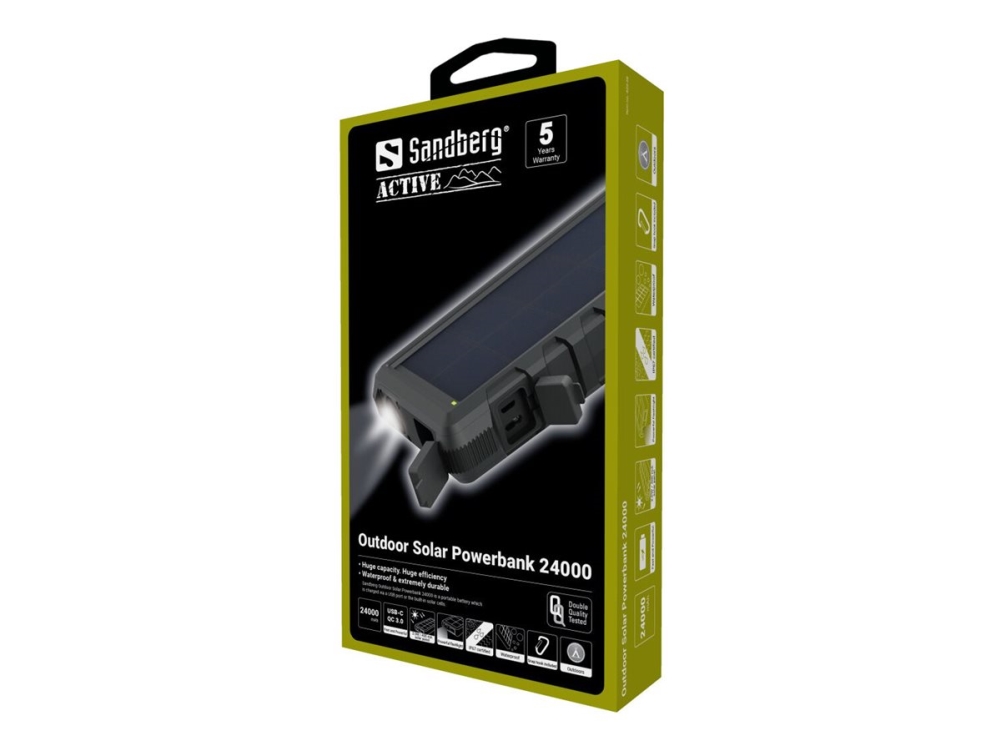 Active Solar Powerbank 24000   Solarstrømbank Li Ion 24000 Mah   3 A   Quick Charge 3.0   3 Output Stikforbindelser (usb, Usb C)   På Kabel: fra Sandberg