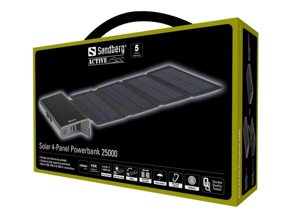 Solar 4 Panel Powerbank 25000 Solarstrømbank Li Pol 25000 Mah 92.5 Wh 18 Watt 3 A (2 X Usb, 24 Pin Usb C) På Kabel: Micro Usb, fra Sandberg
