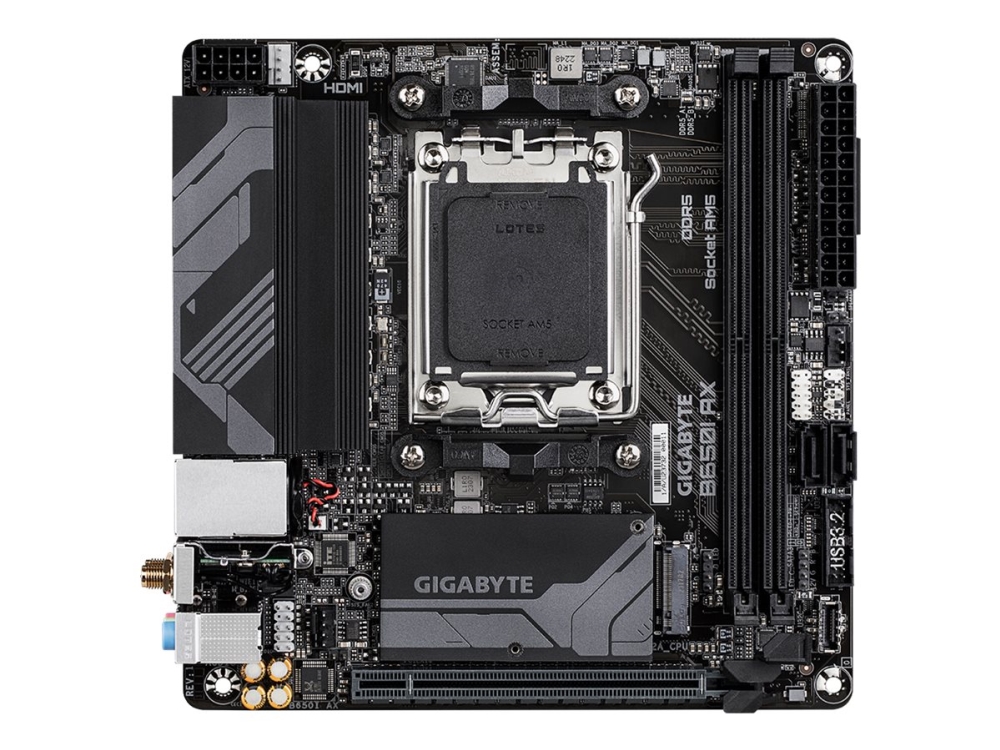 Gigabyte B650i Ax   1.0   Bundkort   Mini Itx   Socket Am5   Amd B650 Chipset   Usb 3.2 Gen 1, Usb C 3.2 Gen 1, Usb 3.2 Gen 2   2.5 Gigabit Lan, Wi F fra Gigabyte Technology