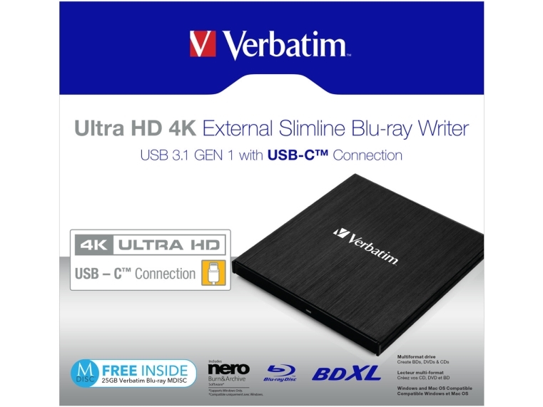 Ultra Hd 4k   Disk Drev   Bdxl Writer   6x 4x   Superspeed Usb 3.1 Gen 1   Ekstern fra Verbatim