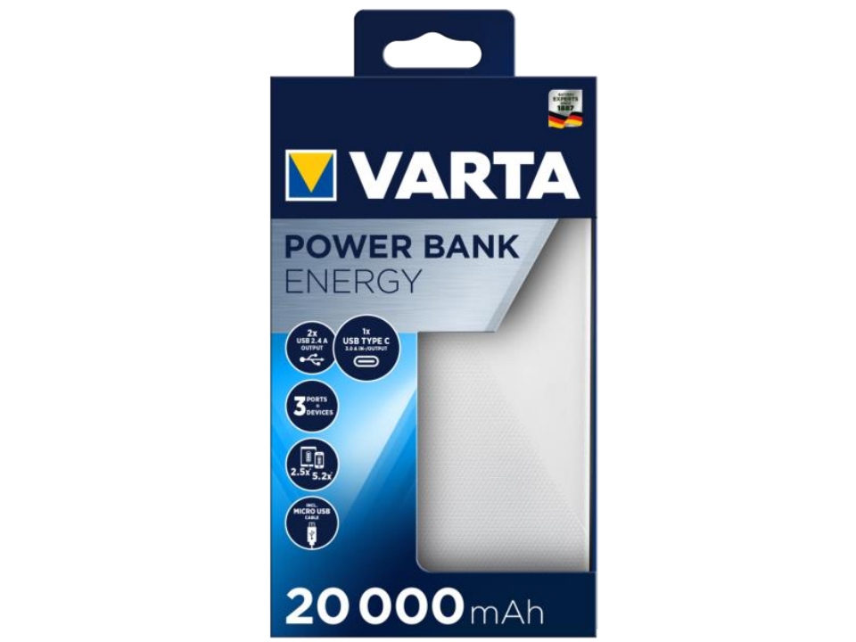 Energy   Powerbank   20000 Mah   74 Wh   15 Watt   3 Output Stikforbindelser (2 X Usb, 24 Pin Usb C) fra Varta