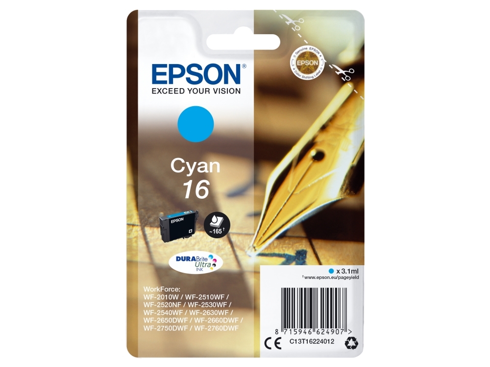 16   3.1 Ml   Cyan   Original   Blækpatron   For Workforce Wf 2010, 2510, 2520, 2530, 2540, 2630, 2650, 2660, 2750, 2760 fra Epson