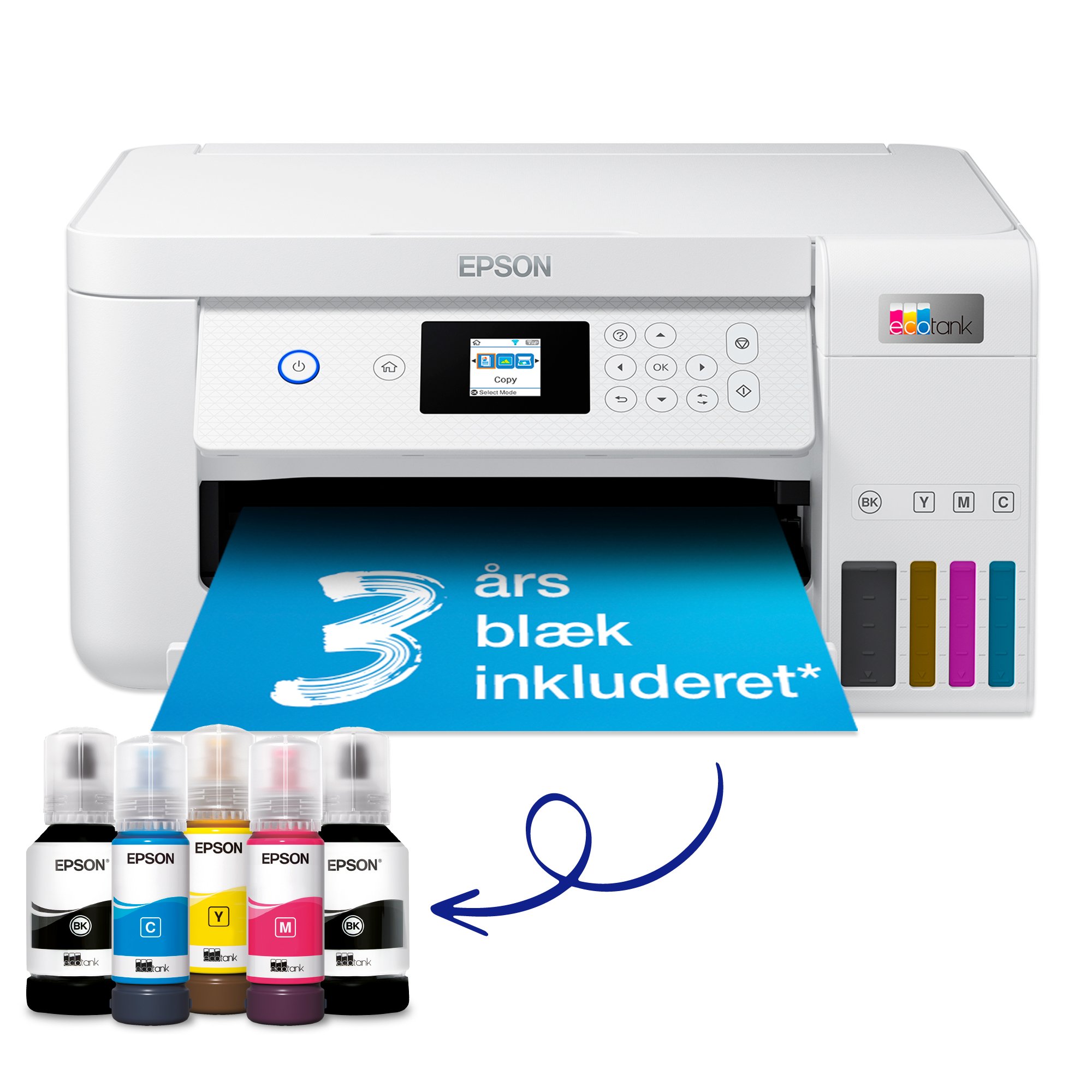 Ecotank Et 2856   Multifunktionsprinter   Farve   Blækprinter   Kan Genopfyldes   A4 (medie)   Op Til 10.5 Spm (udskriver)   100 Ark   Wi Fi, U fra Epson