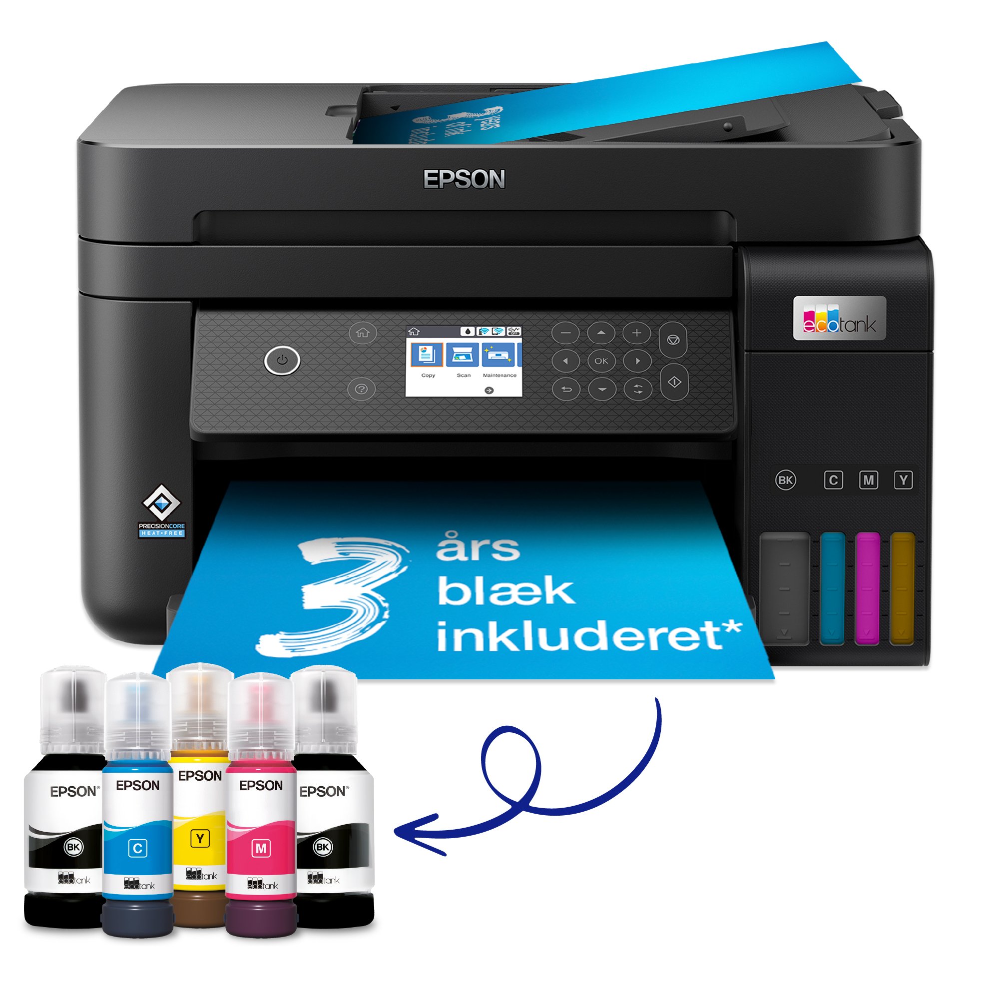 Ecotank Et 3850   Multifunktionsprinter   Farve   Blækprinter   A4 Legal (medie)   Op Til 15.5 Spm (udskriver)   250 Ark   Lan, Wi Fi fra Epson