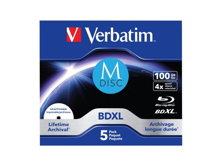 M Disc   5 X Bd R Xl   100 Gb 4x   Printbar Overflade For Ink Jet   Cd Boks fra Verbatim